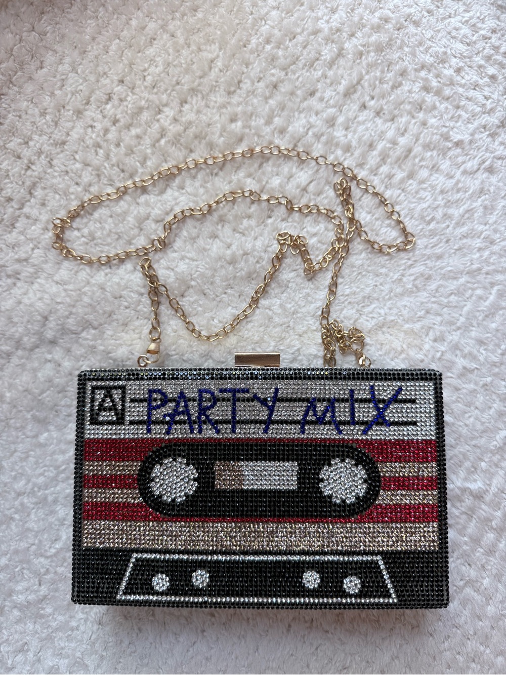 Beaded Cassette Tape Party Clutch - Red, Black, Gold with chain - Picture 6 of 7